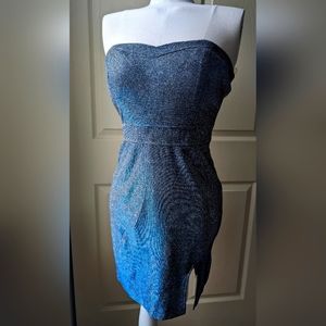 Blue shiny strapless party dress